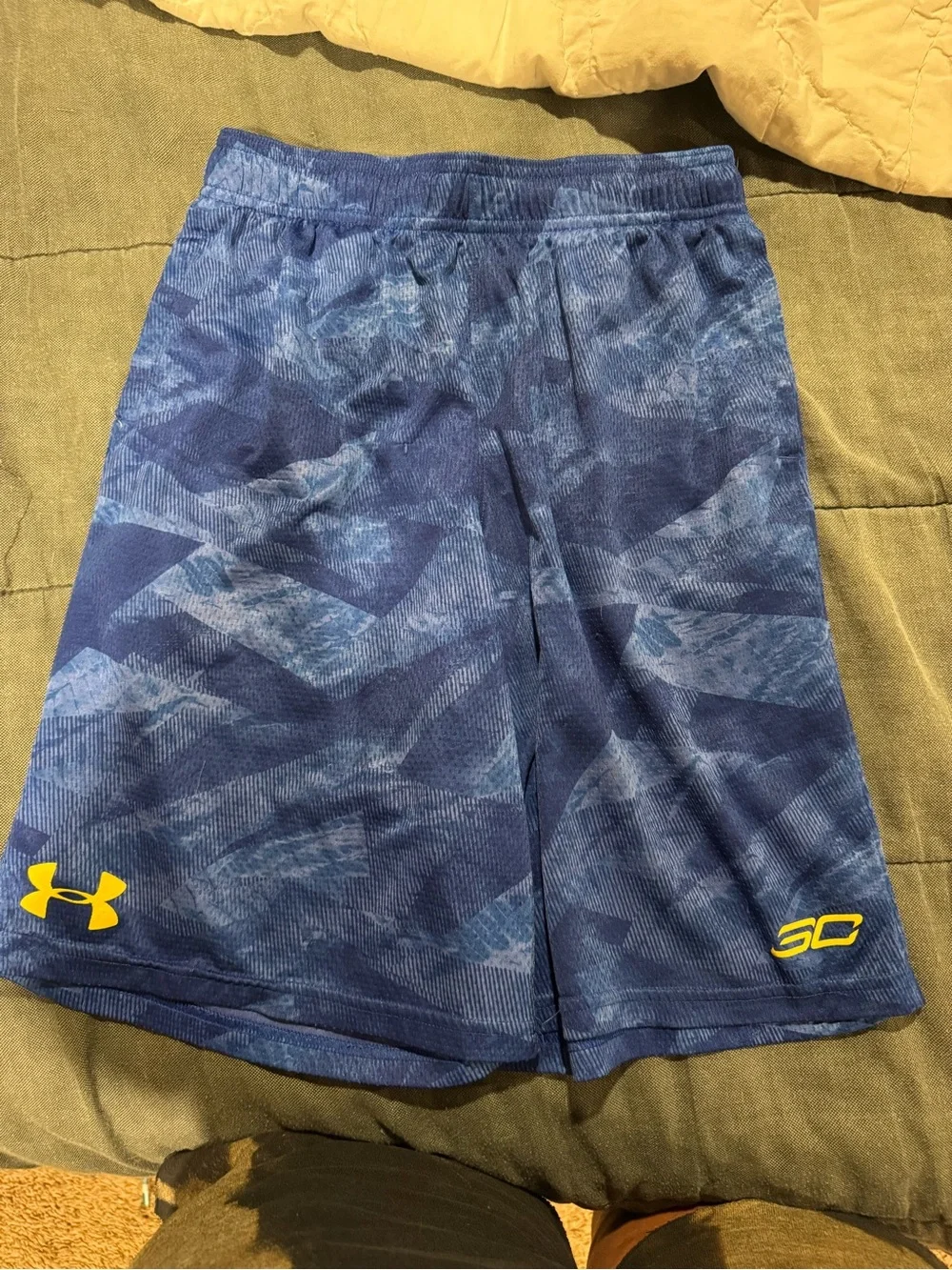 Under Armour Blue Patterned Boys Athletic Shorts with Yellow Logos
